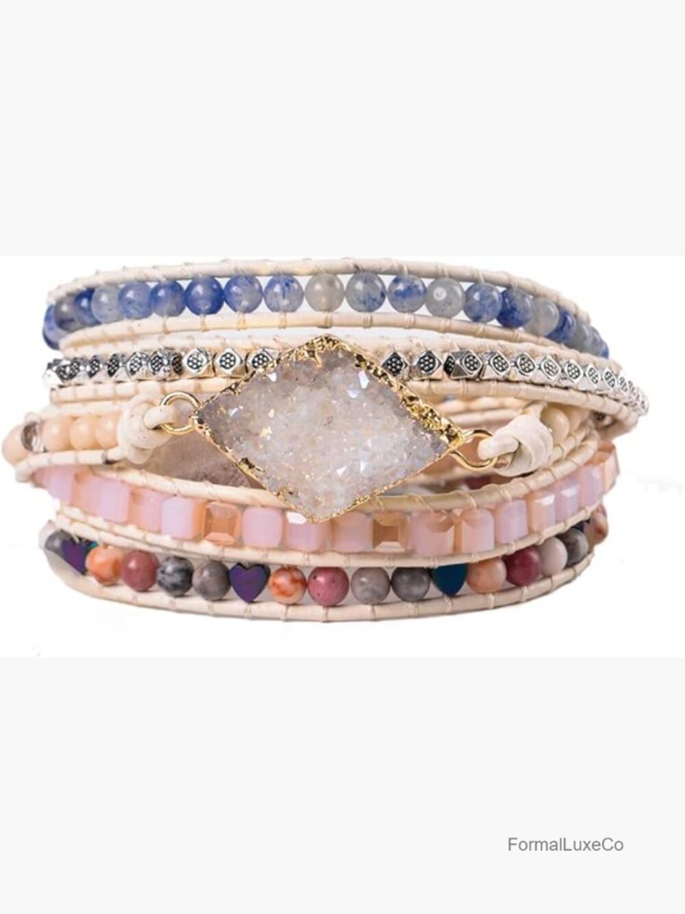 Boho Handmade Wrap Leather Crystal Stone Bracelet 5 Wrap Adjustable